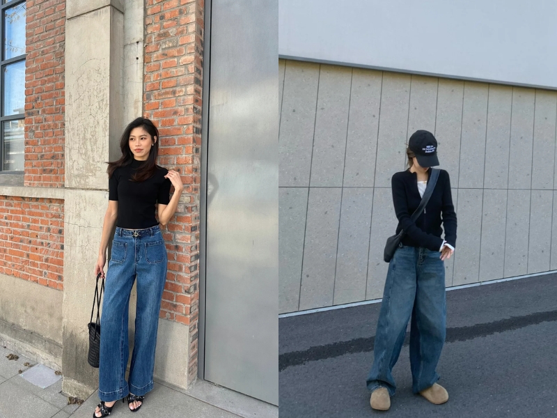 Outfit đen – xanh jean