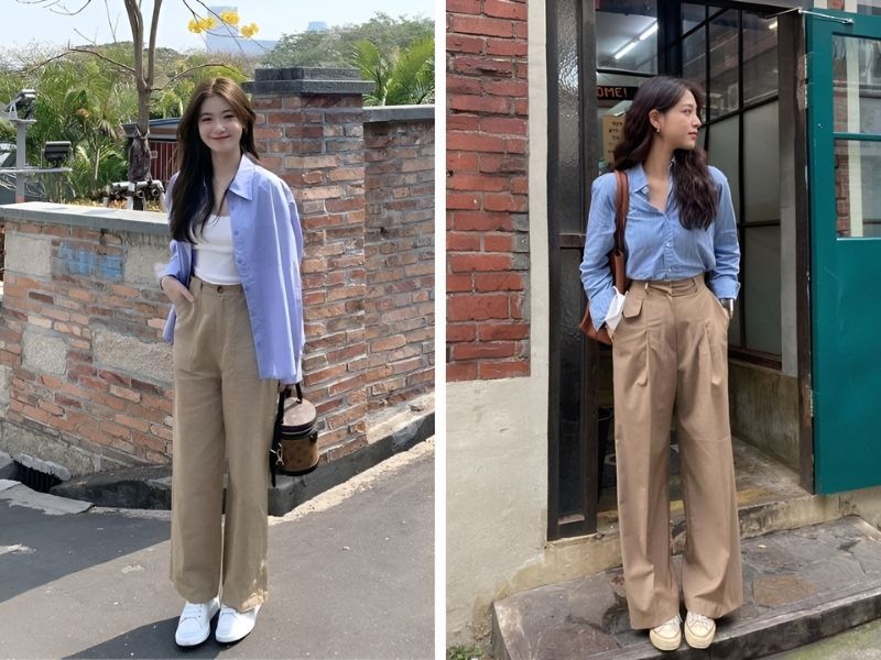Phối áo sơ mi màu xanh dương và quần màu be