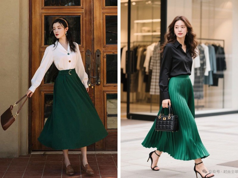 Cách phối chân váy xanh cổ vịt