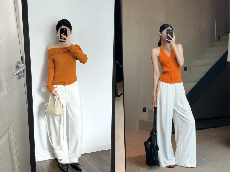 Sự kết hợp áo cam và quần trắng