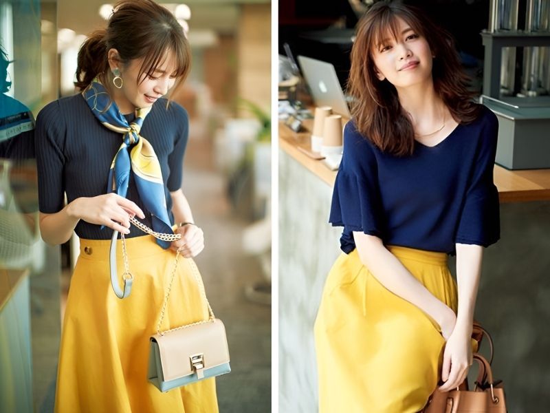 Phối áo màu xanh đậm và chân váy màu vàng chanh