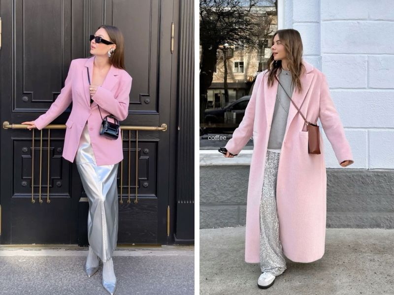 Phối áo khoác hồng cùng item màu bạc