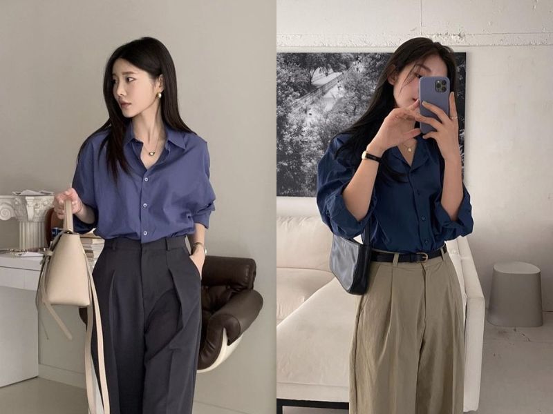 Outfit thanh lịch sơ mi màu chàm cho nữ