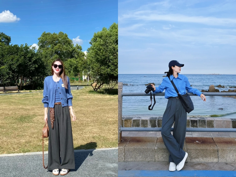 Tone xanh navy đi cùng quần ghi