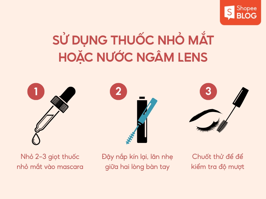 Cách dùng thuốc nhỏ mắt hoặc nước ngâm lens làm mềm mascara