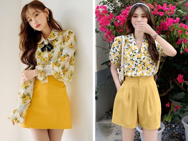Phối áo hoa với quần hoặc chân váy màu vàng chanh 