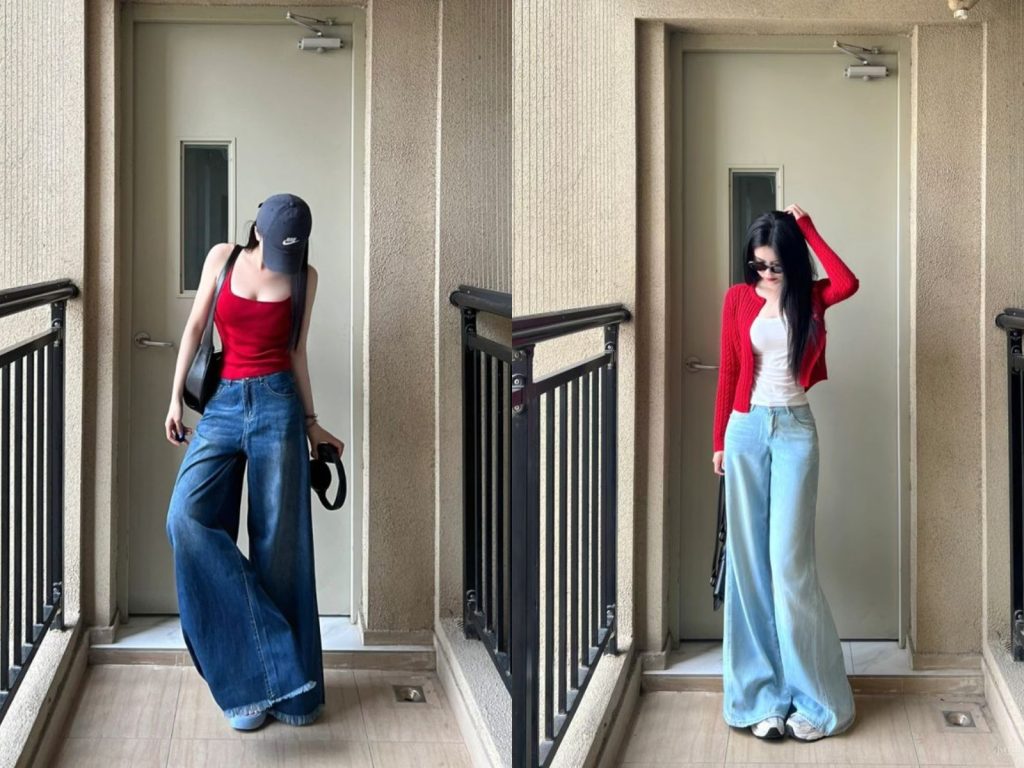 Cách phối đỏ đô với xanh jean nhạt