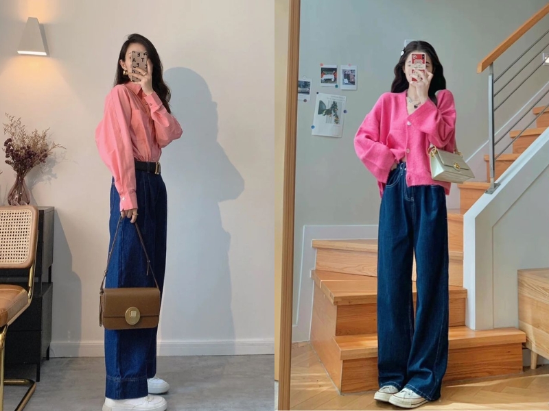 áo sơ mi hoặc cardigan hồng mix cùng quần ống rộng xanh dương đậm.
