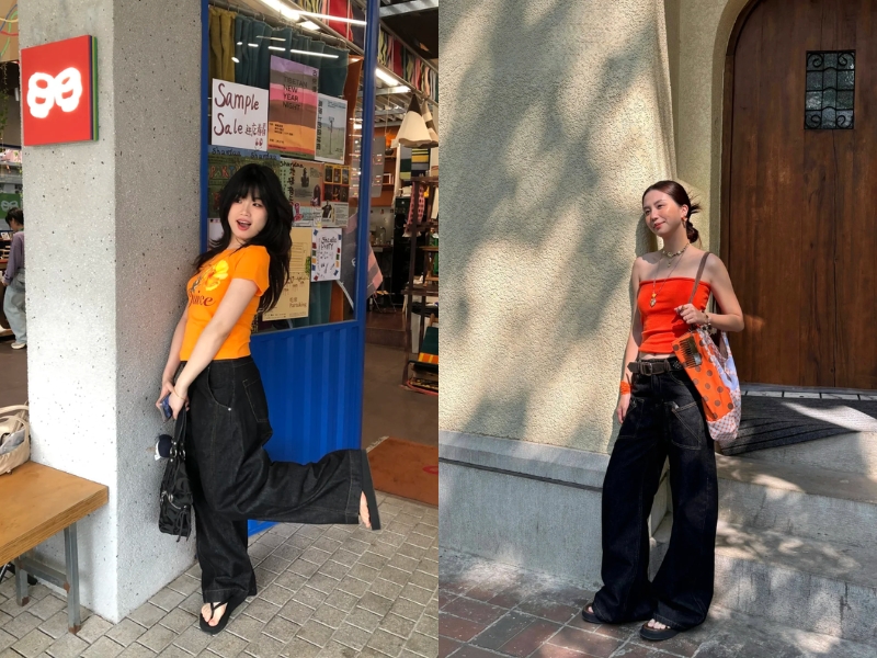 Áo cam phối đồ với quần đen