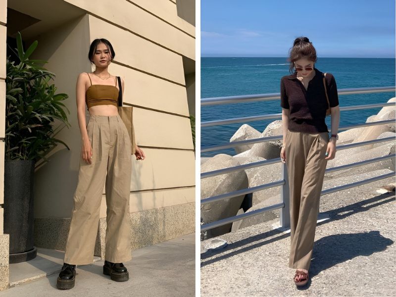 Phối quần màu be và áo màu nâu