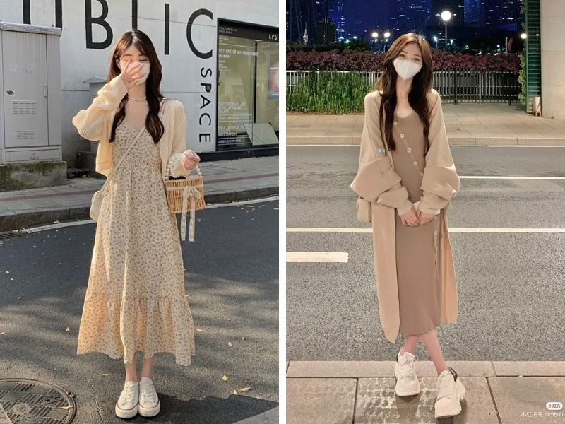 cardigan khoác ngoài váy liền hai dây