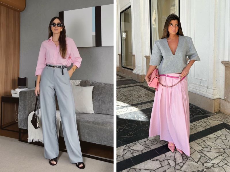 Phối áo hồng hoặc xám với váy hồng hoặc quần xám