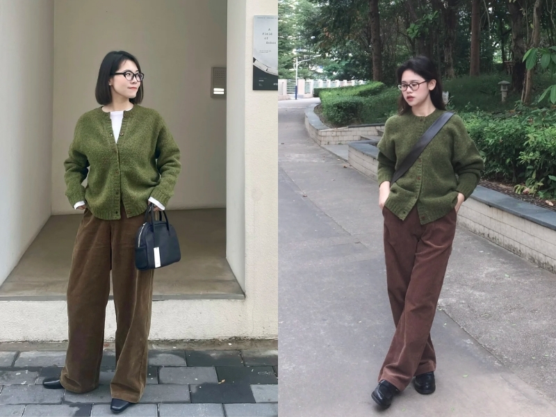 Phối đồ màu xanh rêu với nâu