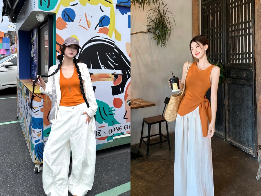 Outfit kết hợp giữa cam và trắng