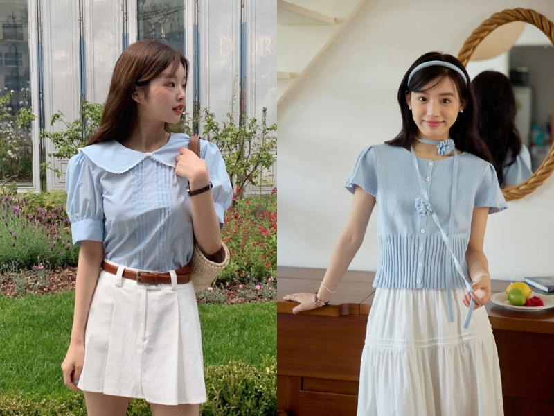  Áo màu xanh thiên thanh phối với màu trắng thanh lịch
