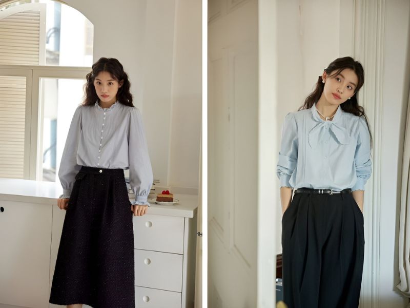 Phối áo sơ mi xanh pastel cùng quần hoặc chân váy màu đen 