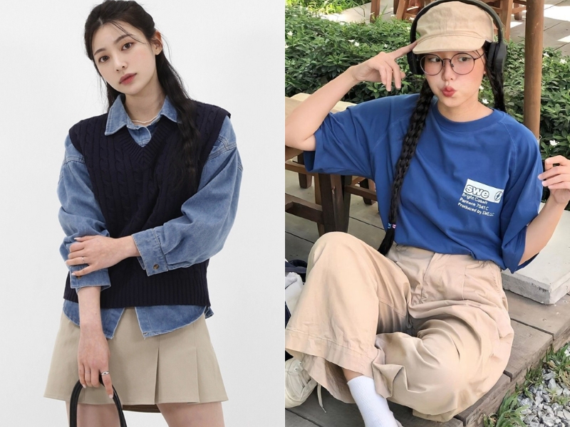 áo gile xanh dương đậm phối cùng áo jeans xanh và quần kaki kem cùng áo thun xanh dương đậm