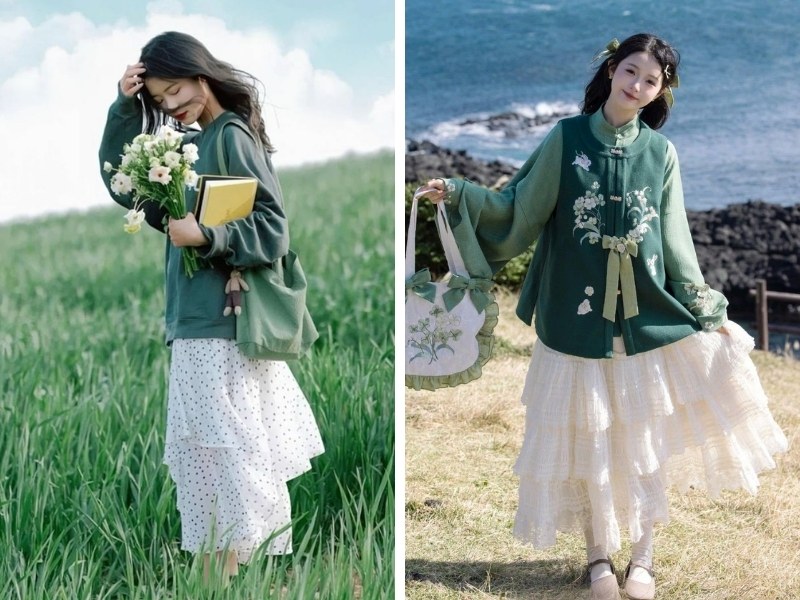 Cách phối áo xanh cổ vịt với váy trắng