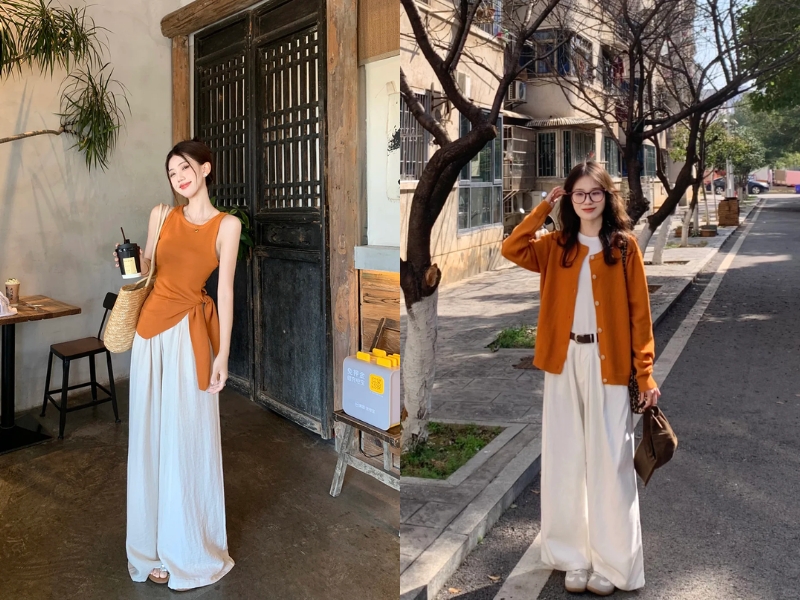 outift kết hợp cam đất – trắng