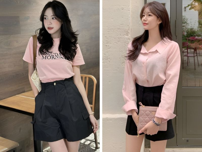 Phối đồ với áo thun màu hồng cam và quần short màu đen 