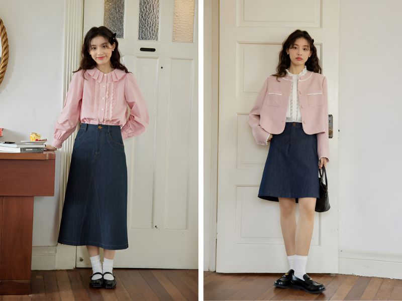 Phối áo màu hồng pastel và chân váy màu xanh jean 
