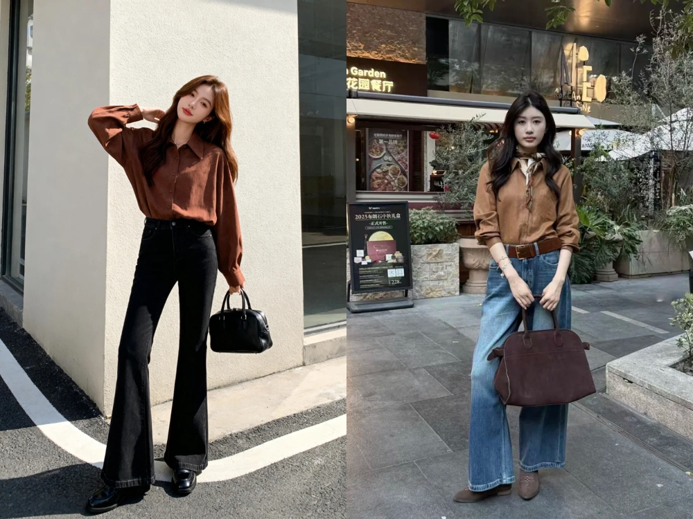 áo sơ mi nâu phối với quần màu đen hoặc quần xanh jean