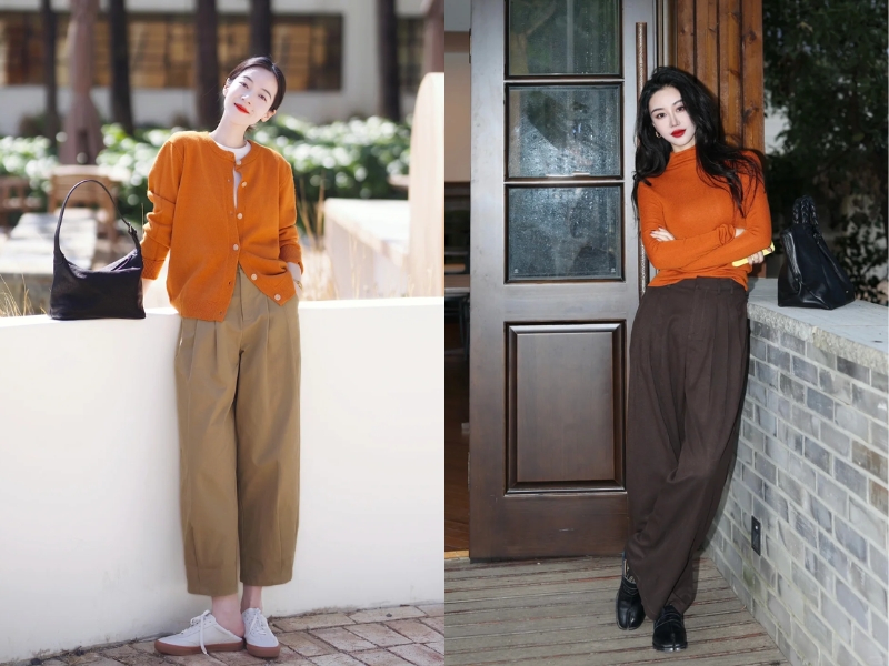 Quần nâu kết hợp áo cam