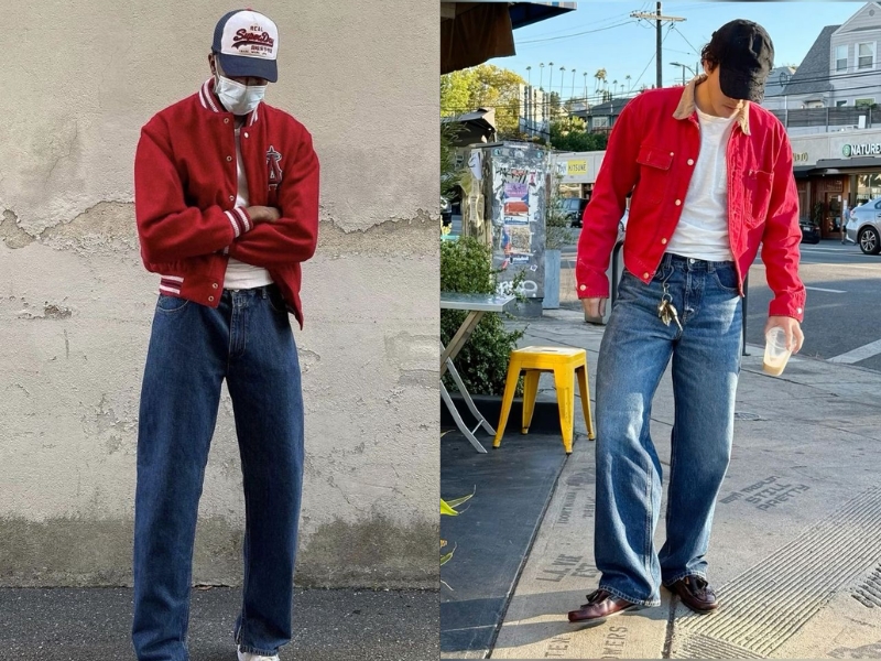 Combo áo khoác varsity hoặc sơ mi đỏ cùng quần jeans xanh dương đậm