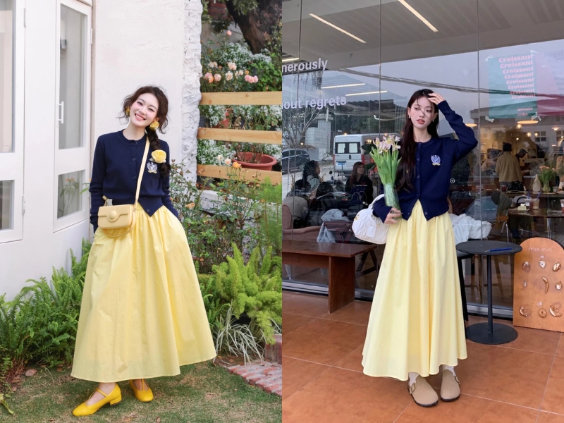 Váy vàng phối áo xanh than 
