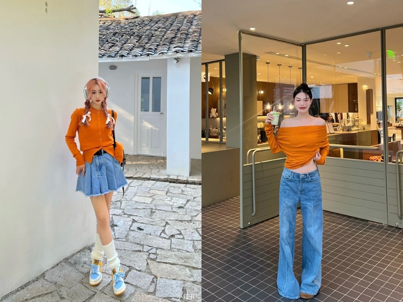 Sự tương phản giữa cam đất và xanh jean 