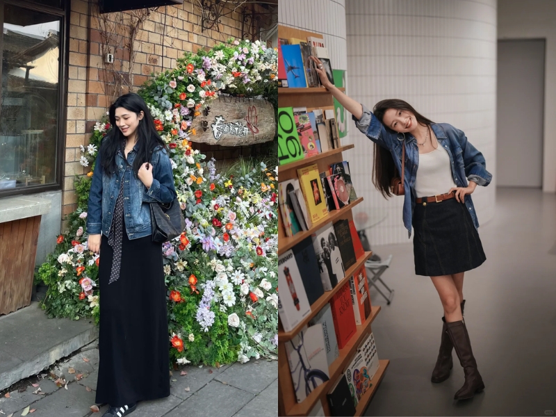 Phối áo đen cùng denim