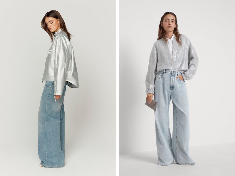 Phối quần jean ống rộng với áo bạc