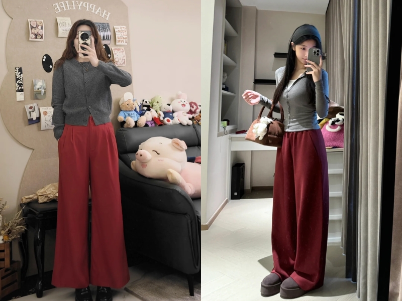Quần đỏ phối áo xám