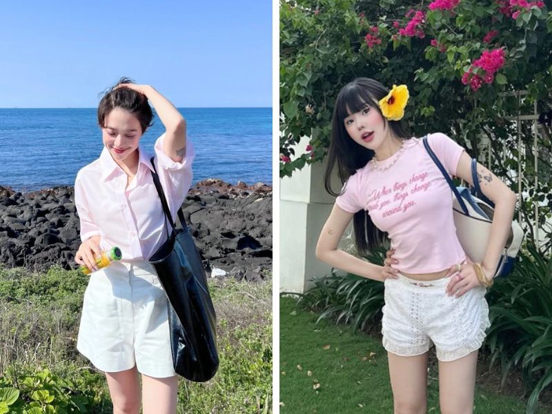 Phối áo màu hồng và quần short trắng 