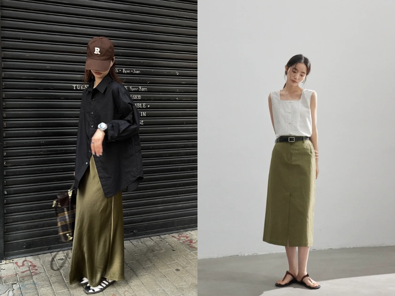 Chân váy xanh rêu mix áo đen hoặc trắng