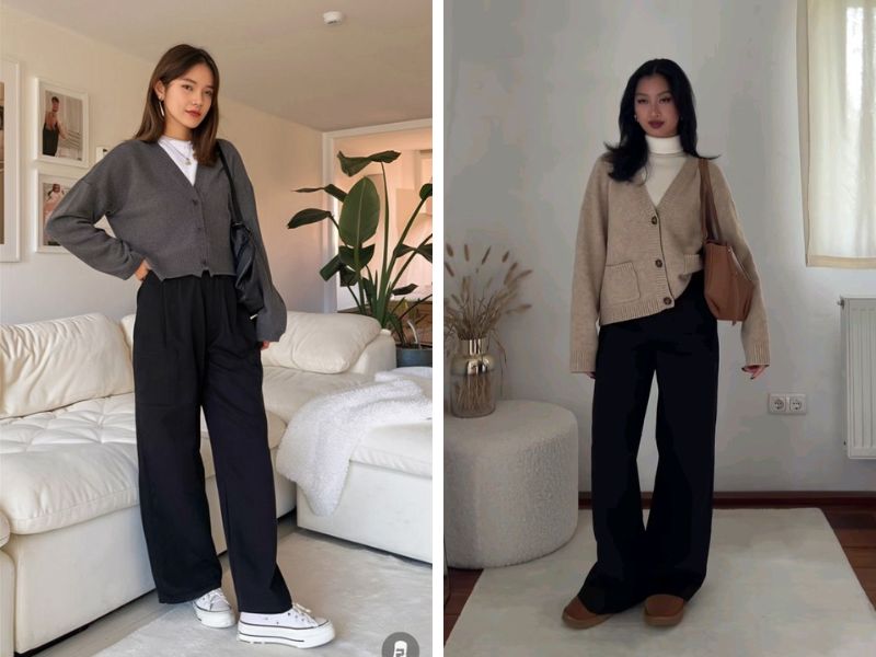 cardigan với quần tây ống suông và giày sneaker