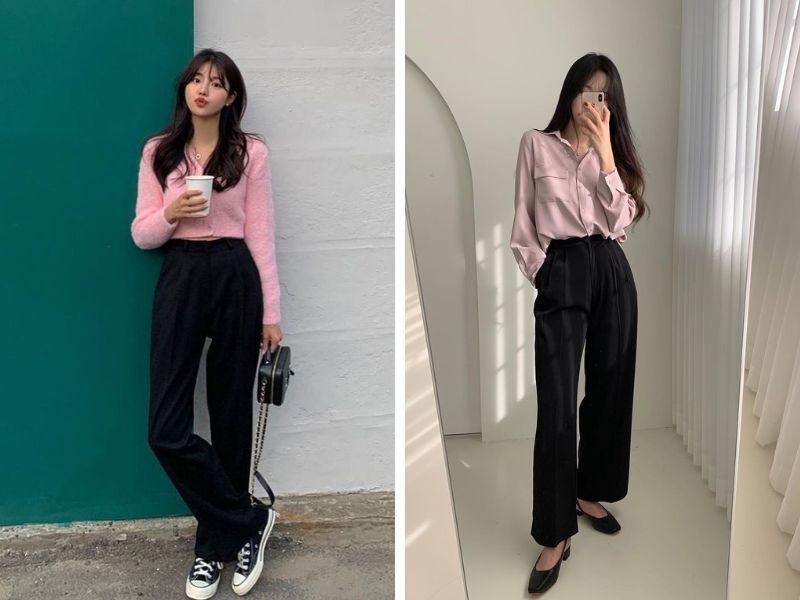 Phối áo hồng tay dài và quần đen dài 