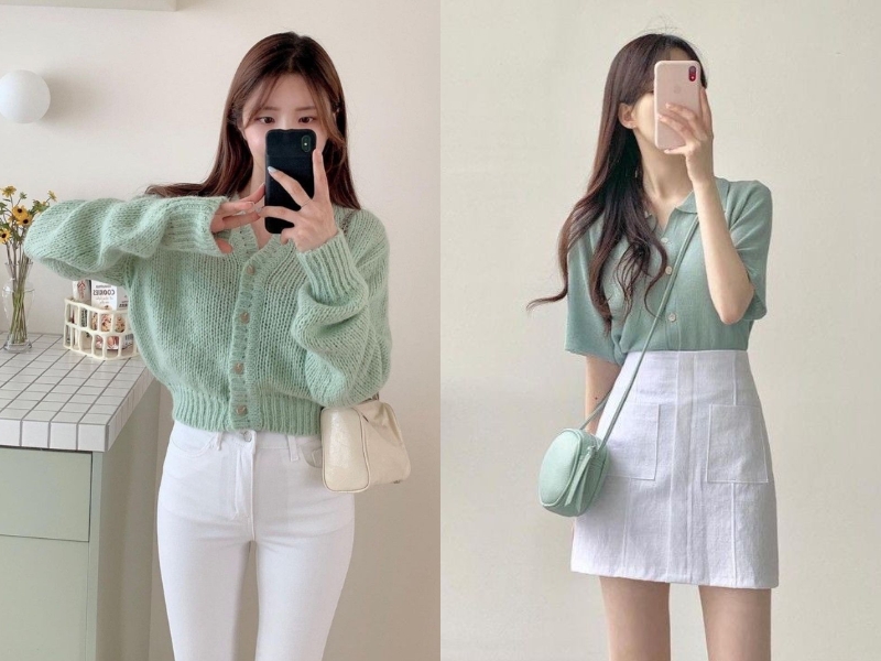 Set đồ xanh ngọc kết hợp trắng