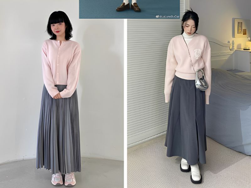 Phối đồ áo màu hồng pastel và chân váy màu xám