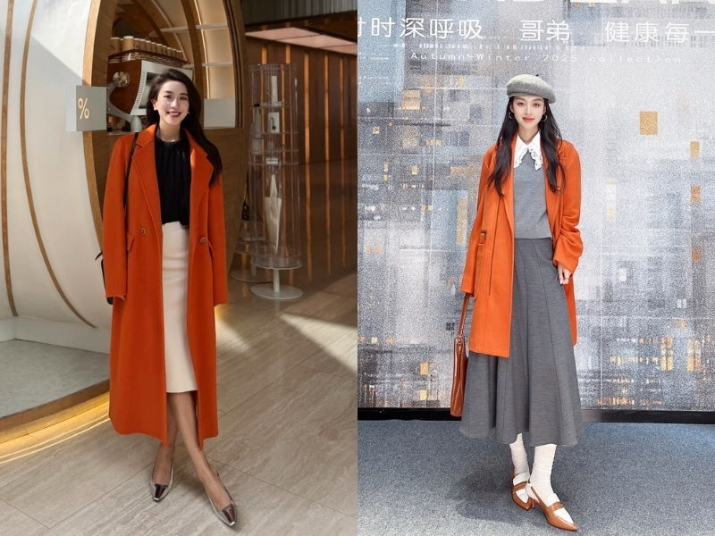 Áo khoác dài màu cam đất mix cùng chân váy kem hoặc nâu