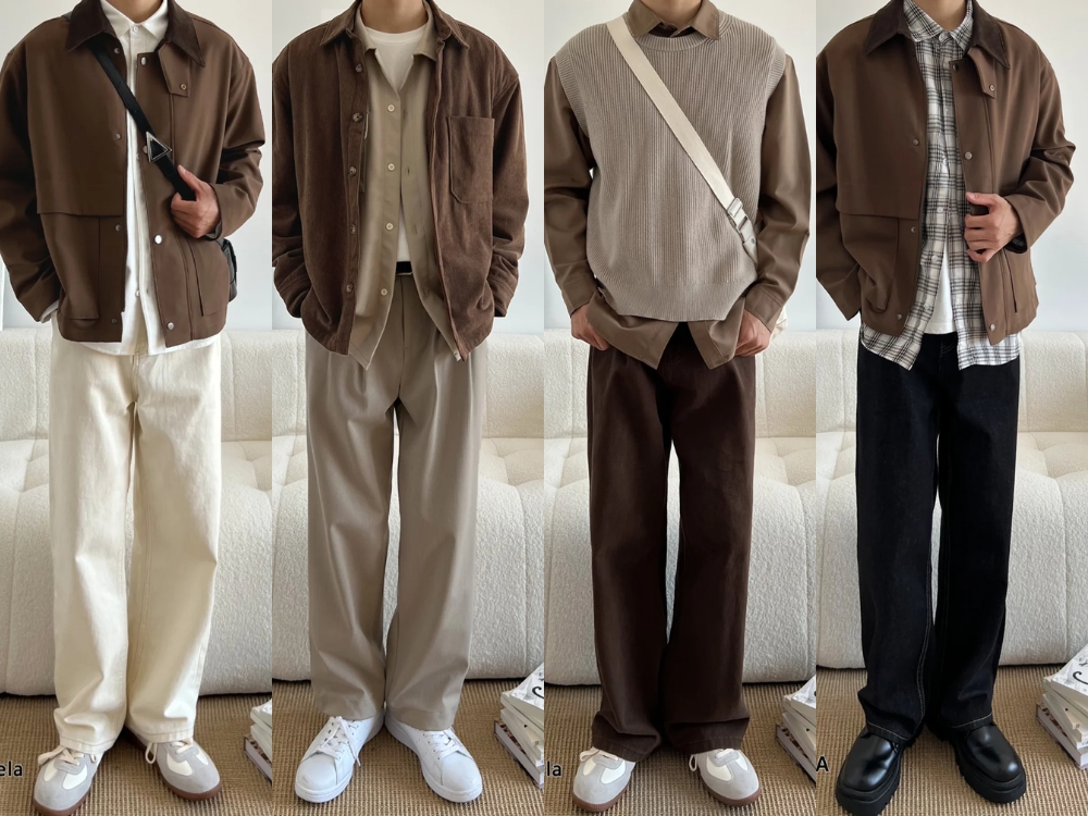 Phối đồ kết hợp giữa áo nâu và quần tây dài