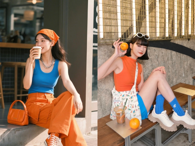 Phối đồ kết hợp màu cam và xanh