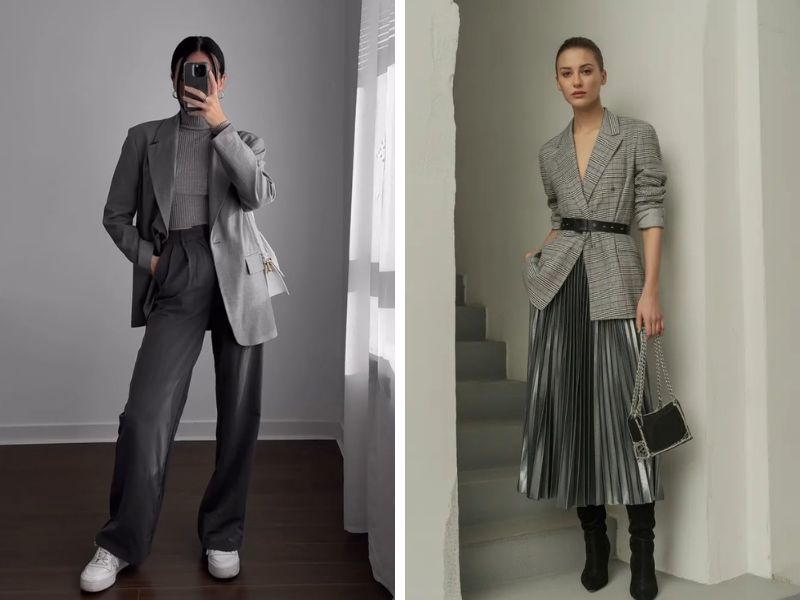 Phối áo blazer xám cùng quần hoặc chân váy