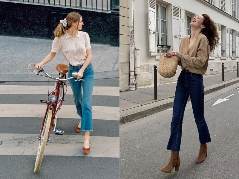 Quần ống loe và boot hoặc giày da bò.