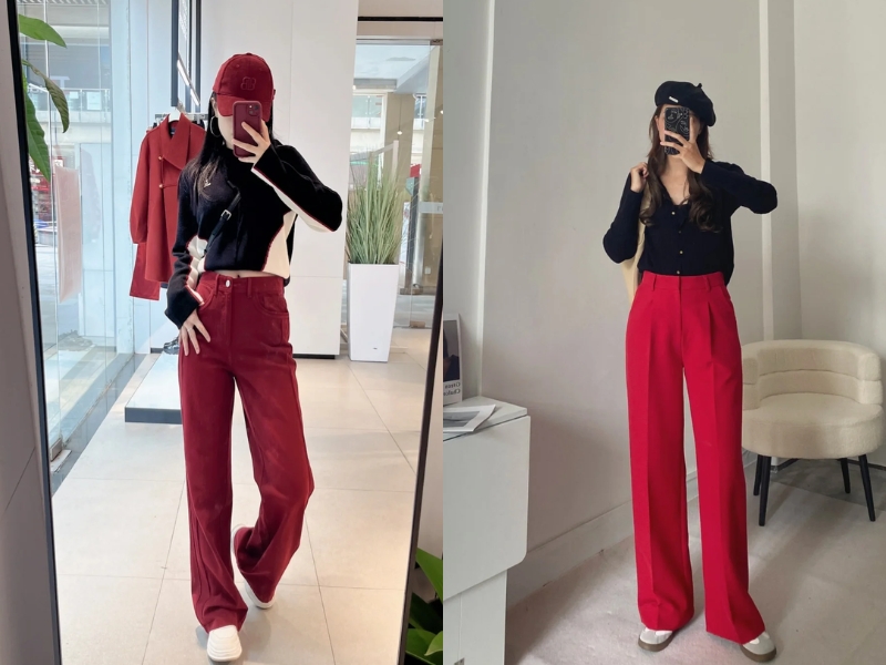 Outfit quần đỏ và áo đen