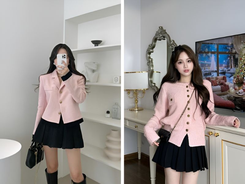 Phối đồ đen và hồng pastel 