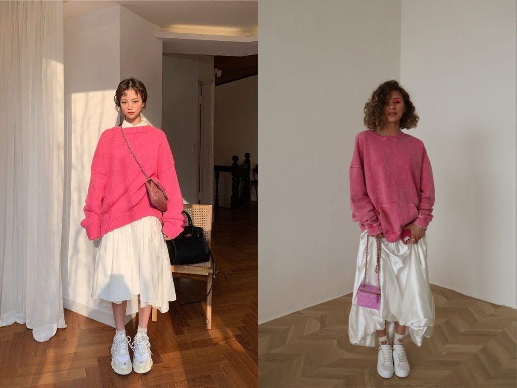 Phối đồ màu hồng đậm với màu trắng