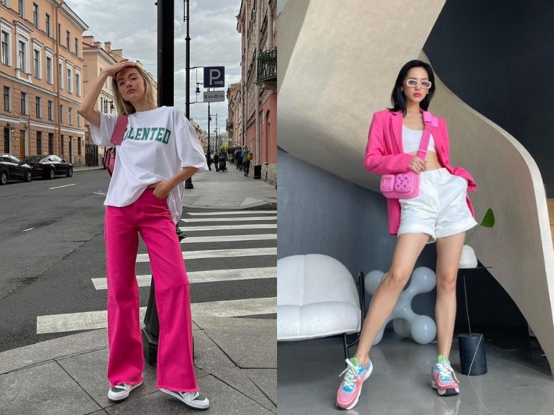 Trang phục kết hợp giữa hồng cánh sen đậm và trắng mang