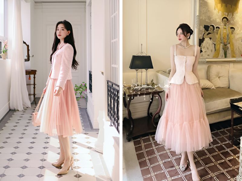 Phối đồ màu hồng pastel đậm nhạt 