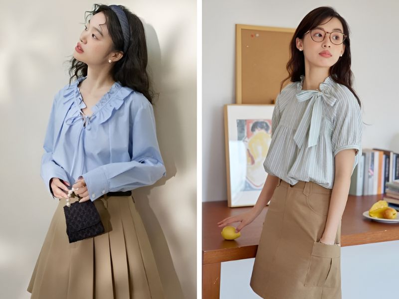 Phối áo xanh pastel và chân váy màu be 